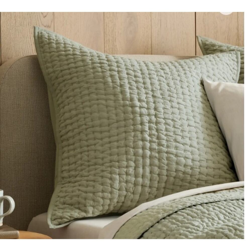 Quince Euro Sham Willowleaf  European Linen Cotton Stitch Quilted Green  NEW - Picture 2 of 5